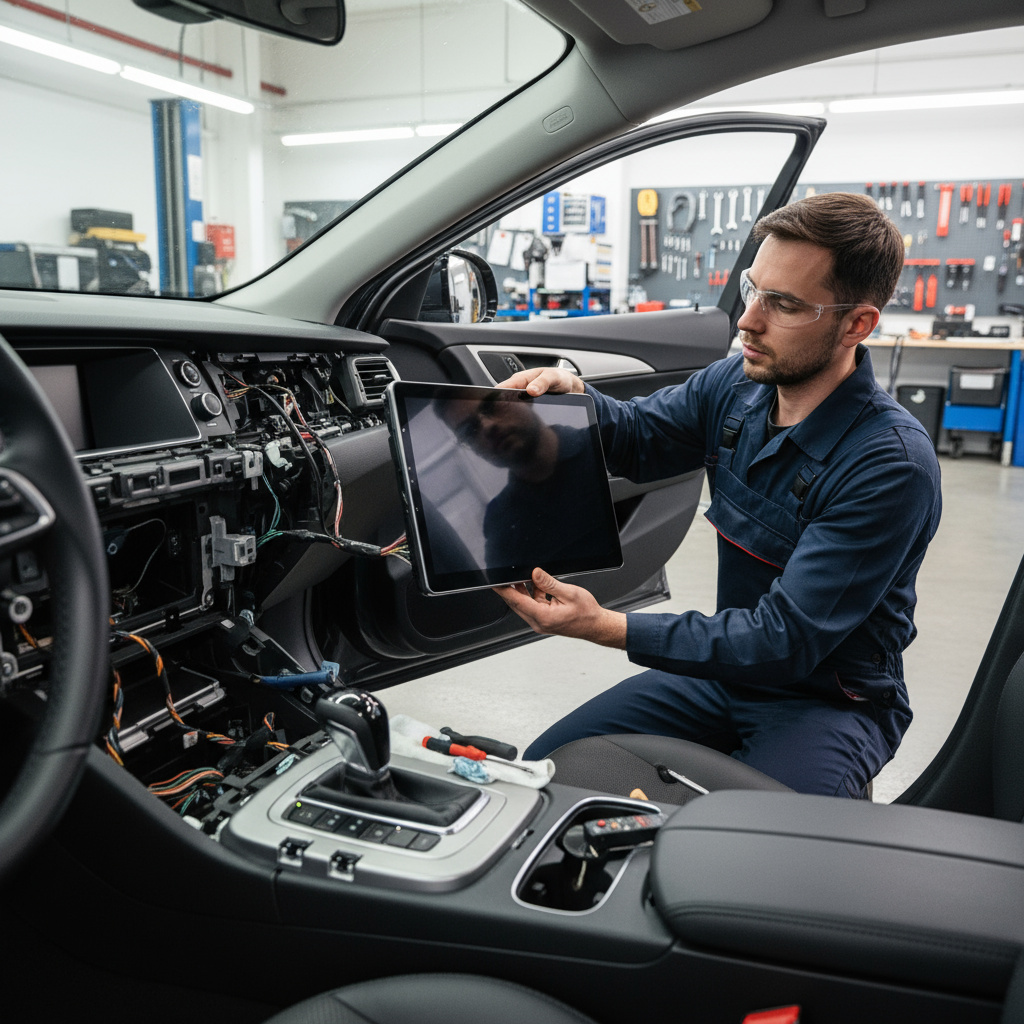 Technician installing a modern touchscreen car stereo in a vehicle