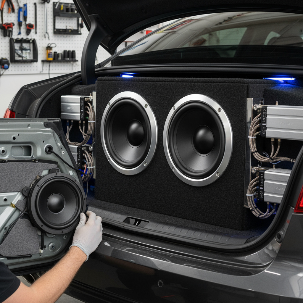 Door speakers and subwoofer enclosure being fitted